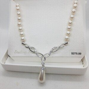 Artistique Sterling Silver Crystal pearl Y pearl drop Necklace MSRP $275